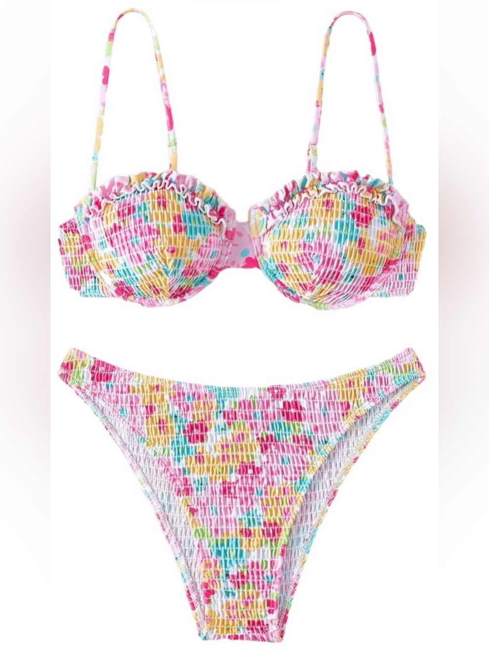 Floerns Light Pink Floral Frill Trim High Cut 2 Piece Bikini Swimsuit Women's M